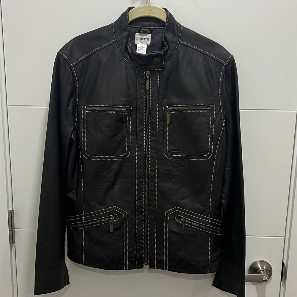 Chicos Dark Brown Leather Moto Style Zip Front Jacket Size 1 Medium